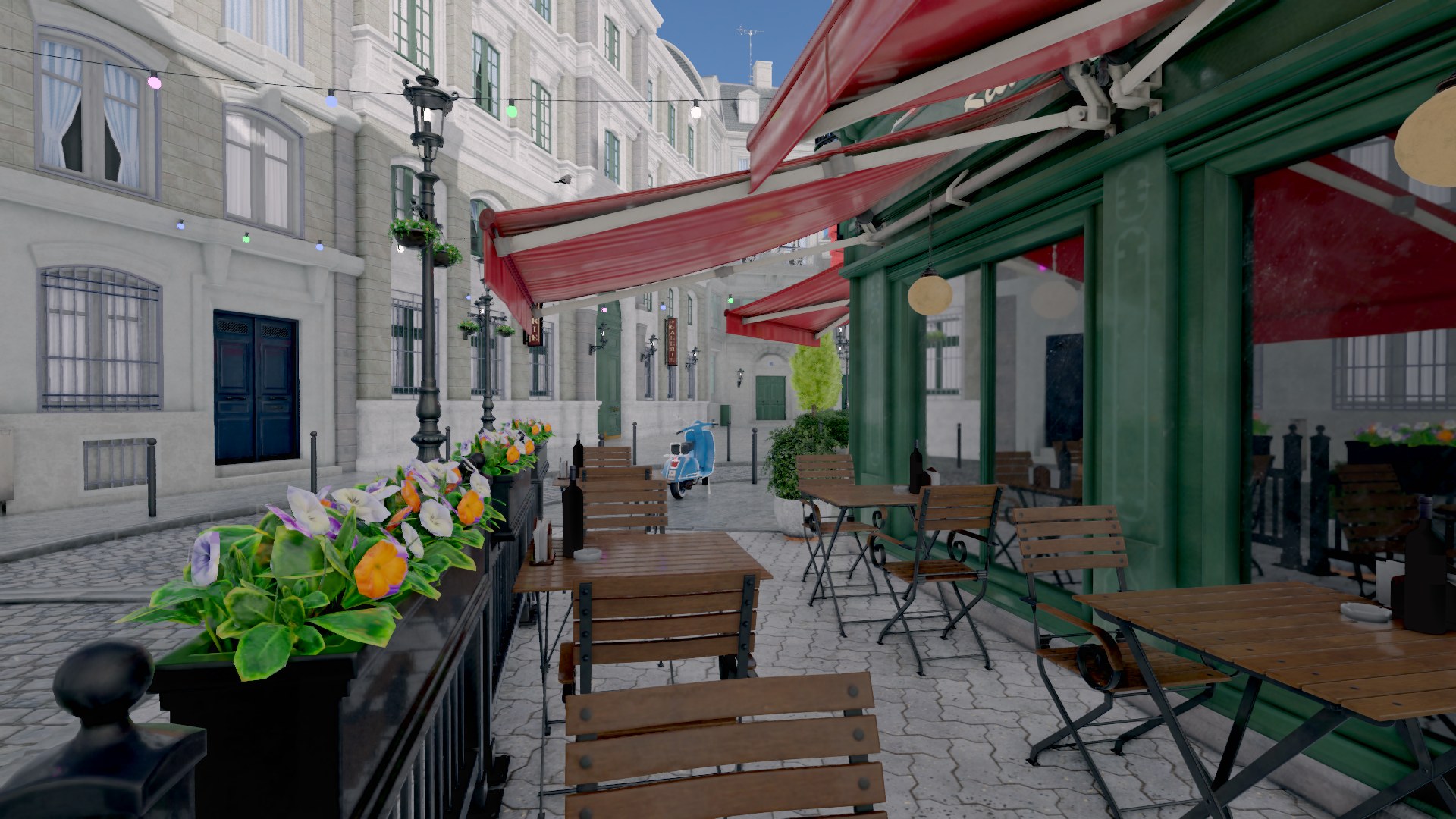 Bistro terrace with probe GI, the storefront picks up bounce from the sunlit street