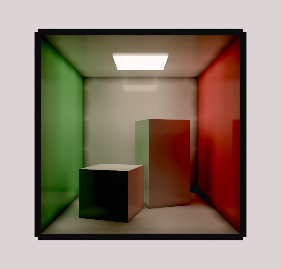 The same box with probe GI, walls bleed colour onto the blocks and ceiling
