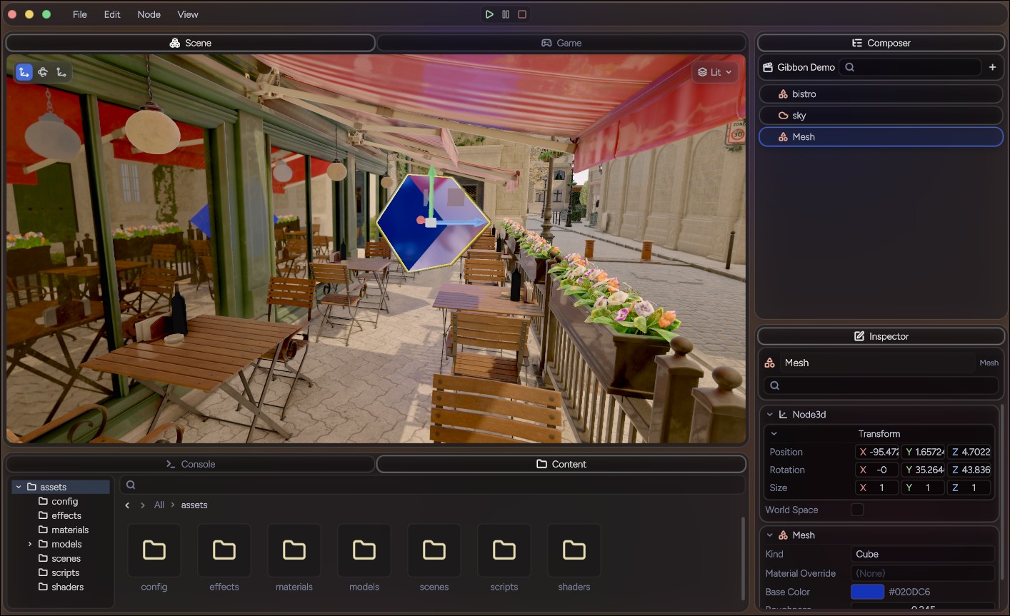 The editor on macOS with the Bistro scene open